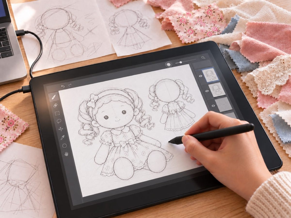Illustrative image: designer drawing a doll on a tablet