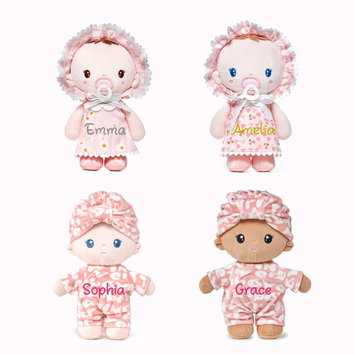 Four personalized baby girl dolls with custom names in different colors on outfits