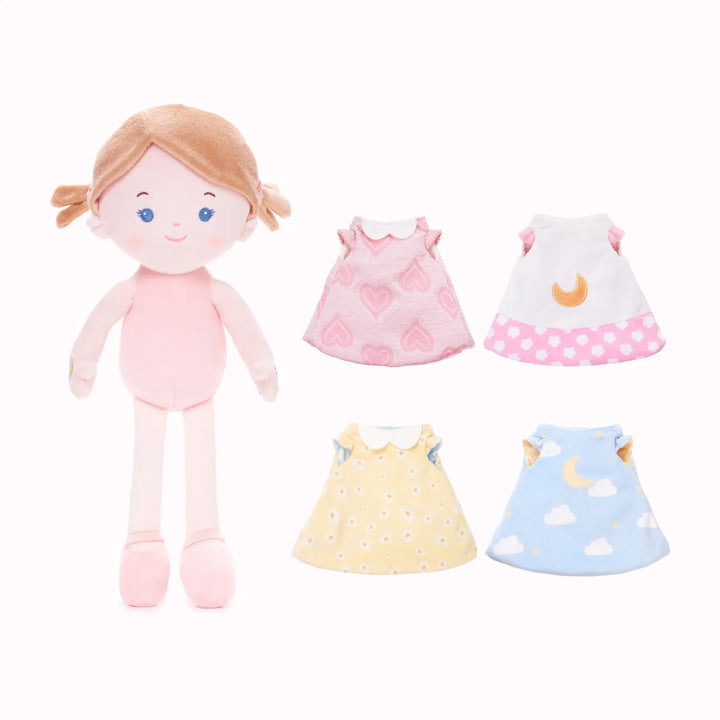 Sophie plush doll with two reversible outfits, including one personalized outfit and one free extra dress-up outfit