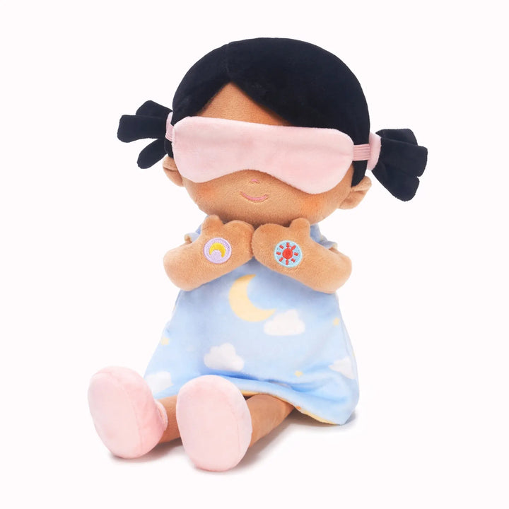 Mia bedtime talking doll in free extra blue moon-and-cloud outfit with soft sleep mask