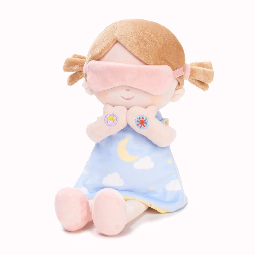 Layla bedtime talking doll in free extra blue moon-and-cloud outfit with soft sleep mask