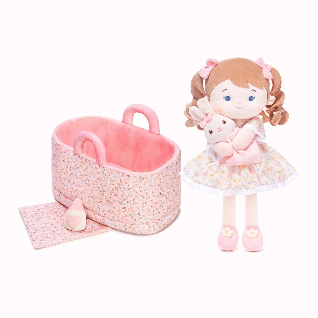 Mabel & Her Lovey plush doll with 13-inch Caregiver Playset including bassinet, blanket, and milk bottle
