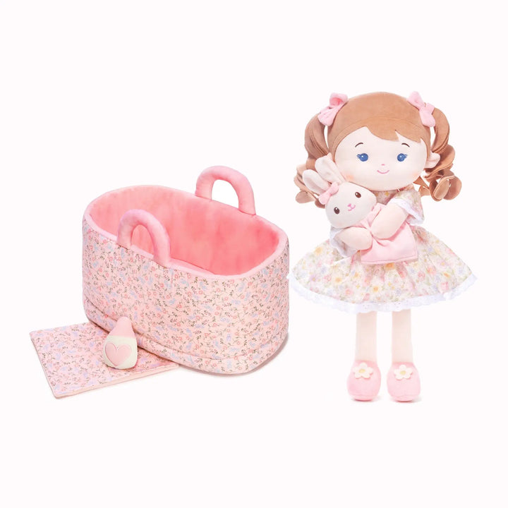 Mabel & Her Lovey plush doll with 13-inch Caregiver Playset including bassinet, blanket, and milk bottle