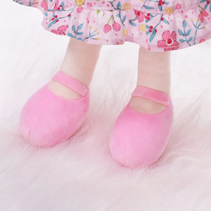 Princess Camelia rag doll wearing pink ballet shoes