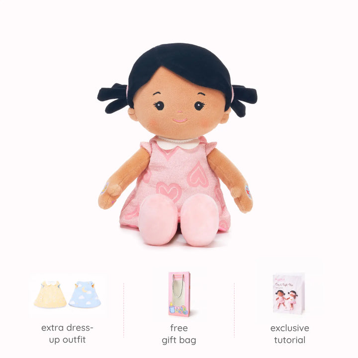Mia talking doll with free extra dress-up outfit, free gift bag, and exclusive tutorial
