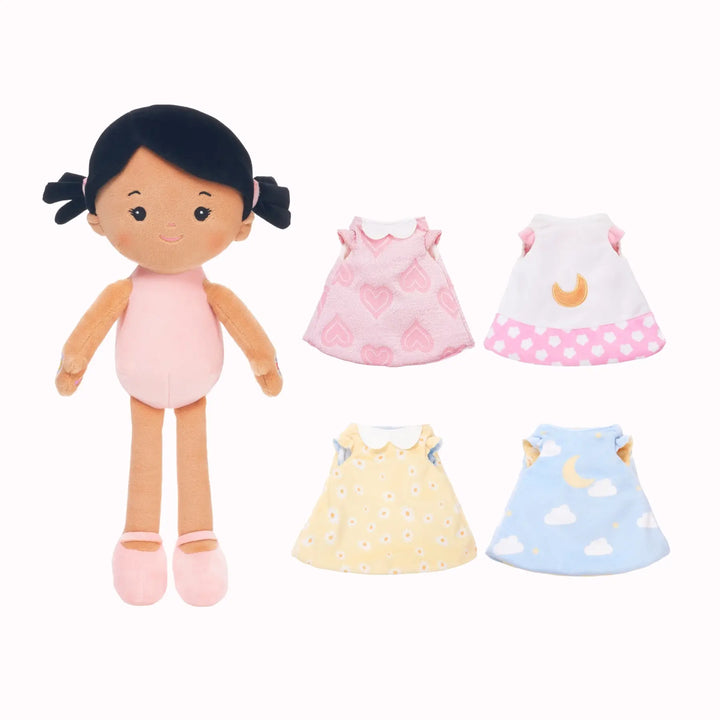 Mia plush doll with two reversible outfits, including one personalized outfit and one free extra dress-up outfit