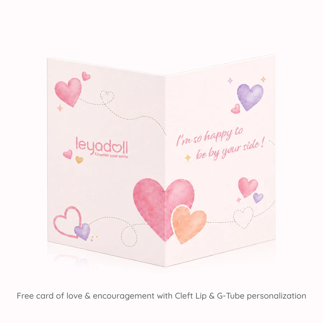 A free Leyadoll card of love and encouragement included with Cleft Lip and G-Tube personalization
