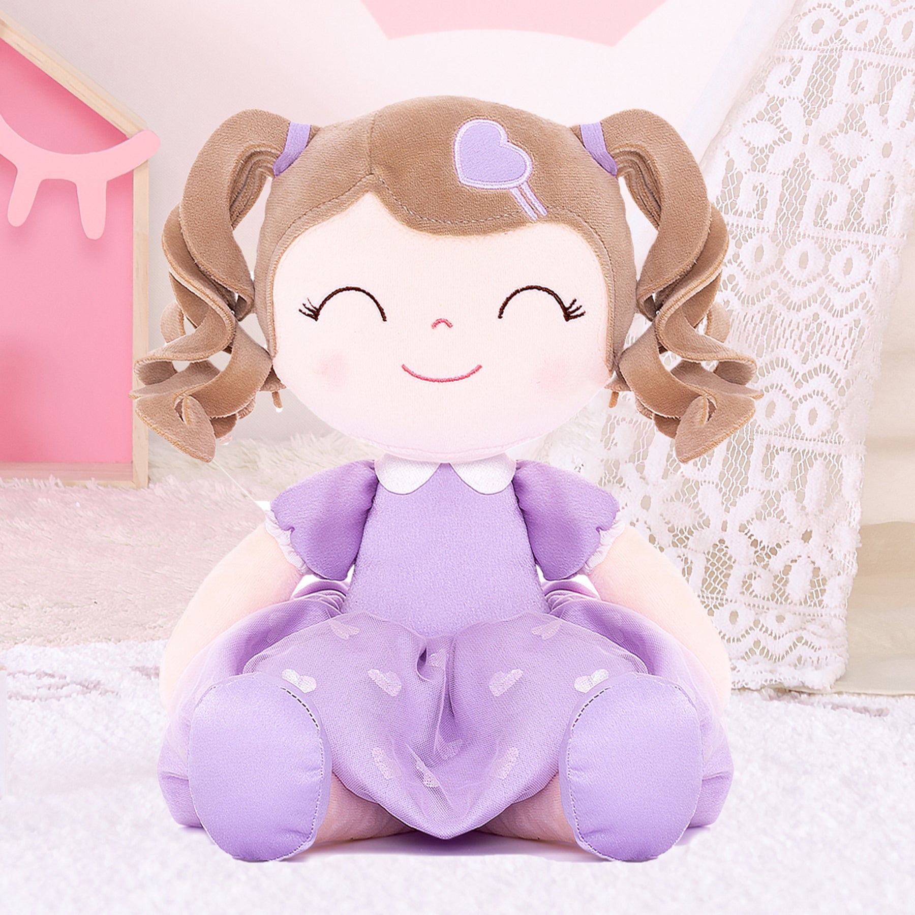 Gloveleya Toddler Backpack Baby Girl Gift Plush Bag Diaper Bag with Spring Girl Doll Curly Hair Girl Toys with Love Purple 9 Inches